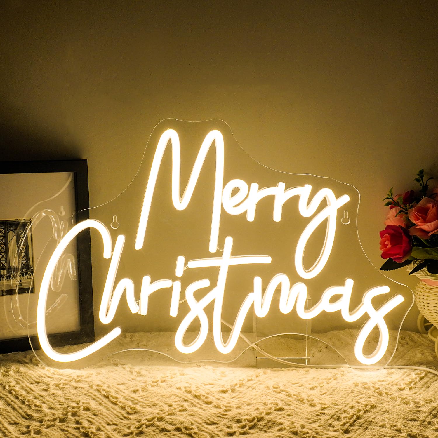 Ineonlife Merry Christmas Panneau Néon, Néon LED blanc chaud pour décoration murale, Panneau lumineux USB dimmable pour la maison, le bar, le salon, la chambre, la fête de Noël
