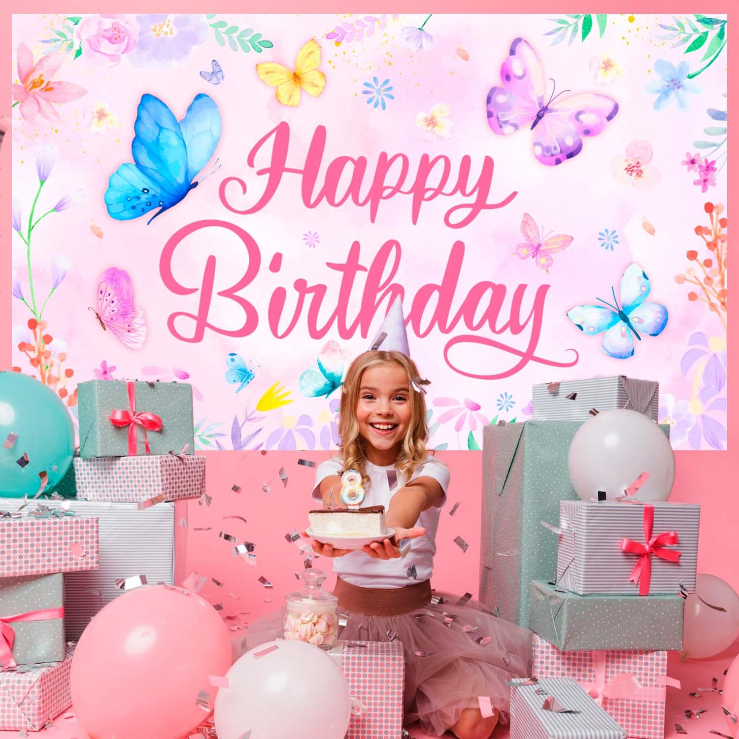 Farfalla Buon Compleanno Sfondo, 71'' x 43'' Sfondo Floreale e Farfalla Festa di Compleanno per Decorazione di Compleanno a Forma di Farfalla