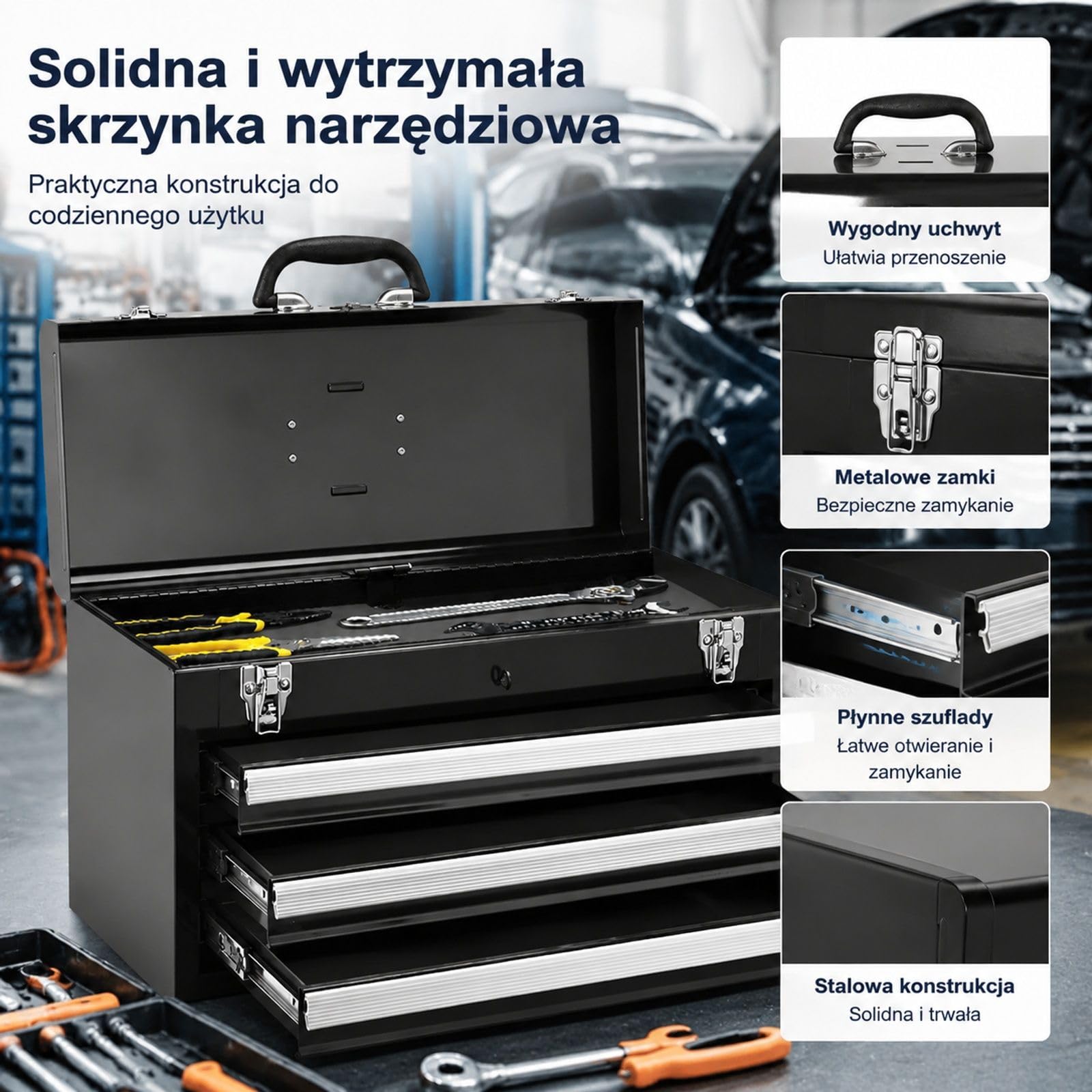 Skrzynka narzędziowa z 3 szufladami, wkładkami EVA, zamkiem, czarna powłoka proszkowa do garażu i warsztatu
