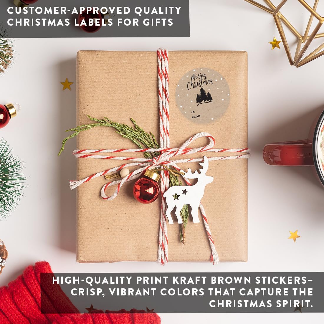 Andaz Press Christmas Round Circle Gift Sticker Labels, Modern Black Forest Trees On Kraft Brown, Merry Christmas, 40-Pack, Black to and from Stickers - Image 7