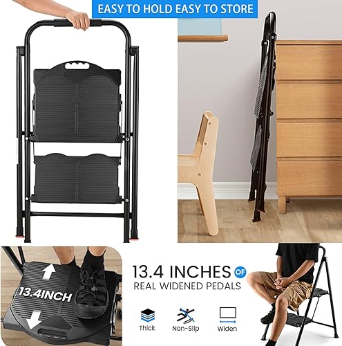 Miniatura 4 de Escalera plegable de 2 escalones para adultos con pedales anchos y antideslizantes, escaleras ergonómicas de acero portátiles para el hogar, cocina,