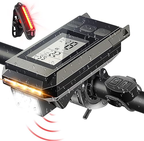 Hrusitoo Juegos de luces delanteras y traseras para bicicleta con pantalla LCD velocímetro y bocina recargable por USB con faro y luz trasera