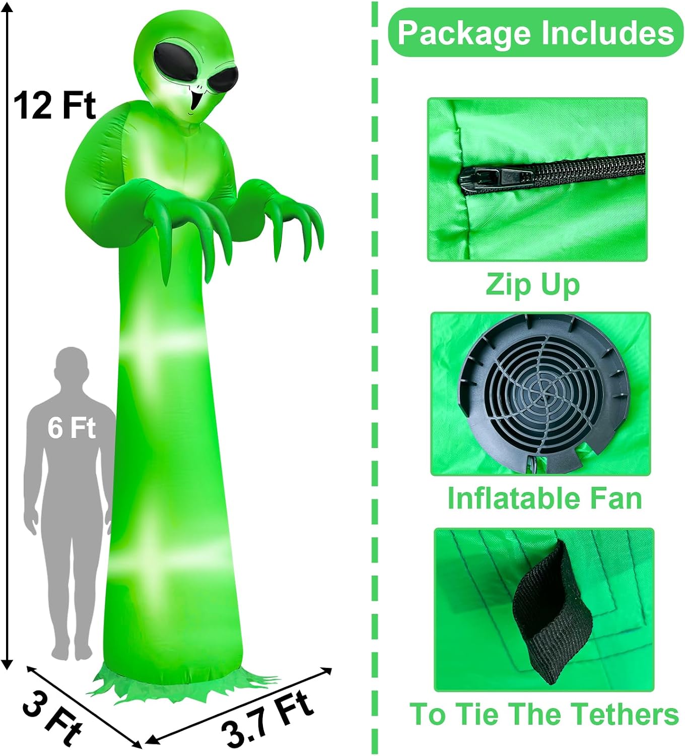 12 Ft Halloween Inflatable Alien Outdoor Decoration, Blow Up Alien Built-in LED Lights Yard Decor for Holiday Patio Garden Lawn