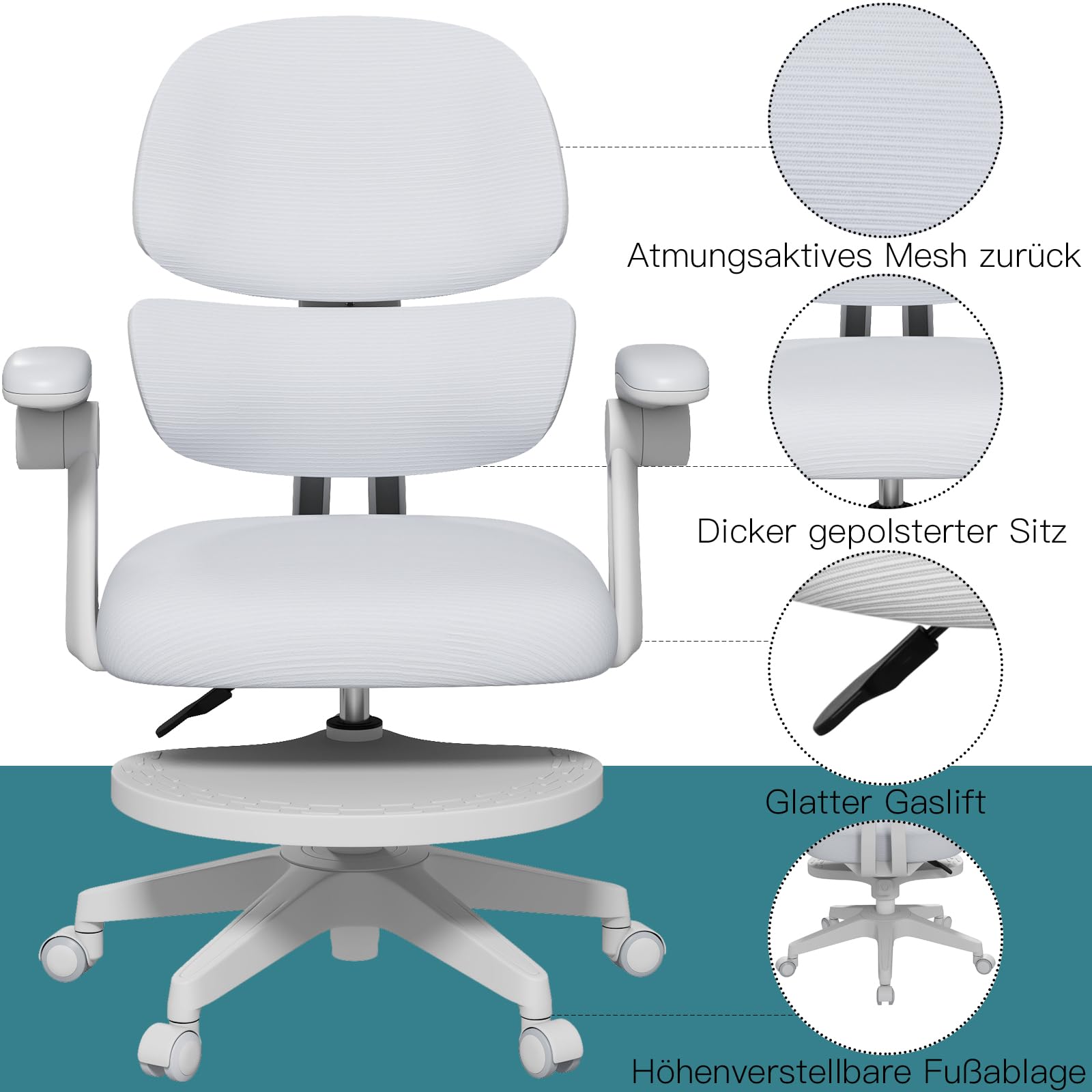JOYLDIAS Schreibtischstuhl Kinder Ergonomischer, Kinderstuhl mit Verstellbarer Rückenlehne & Übergroß Fußablage, Bürostuhl Kinder Drehstuhl mit klappbarer Armlehnen, Stuhl Für Kinder & Jugendliche