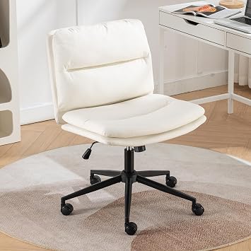Adjustable Swivel Criss Cross Chair, Home Office Desk Chair No Wheels, Swivel Vanity Chair, Height Adjustable Wide Seat Computer Task Chair, PU Leather Modern Home Chair White