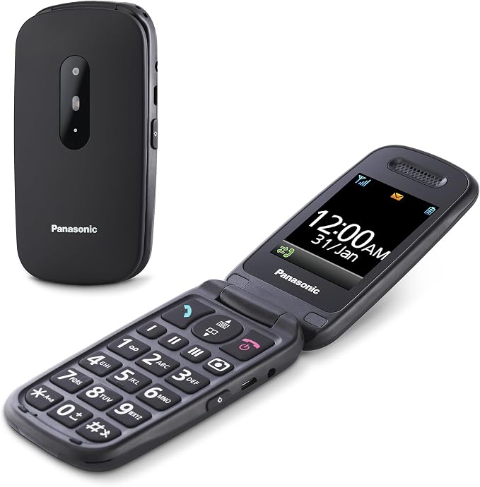 Panasonic KX-TU446EXB Teléfono Móvil Para Personas Mayores (Resistente a Golpes, Cámara, Incluye Auriculares y Cargador, Indicador LED), Negro