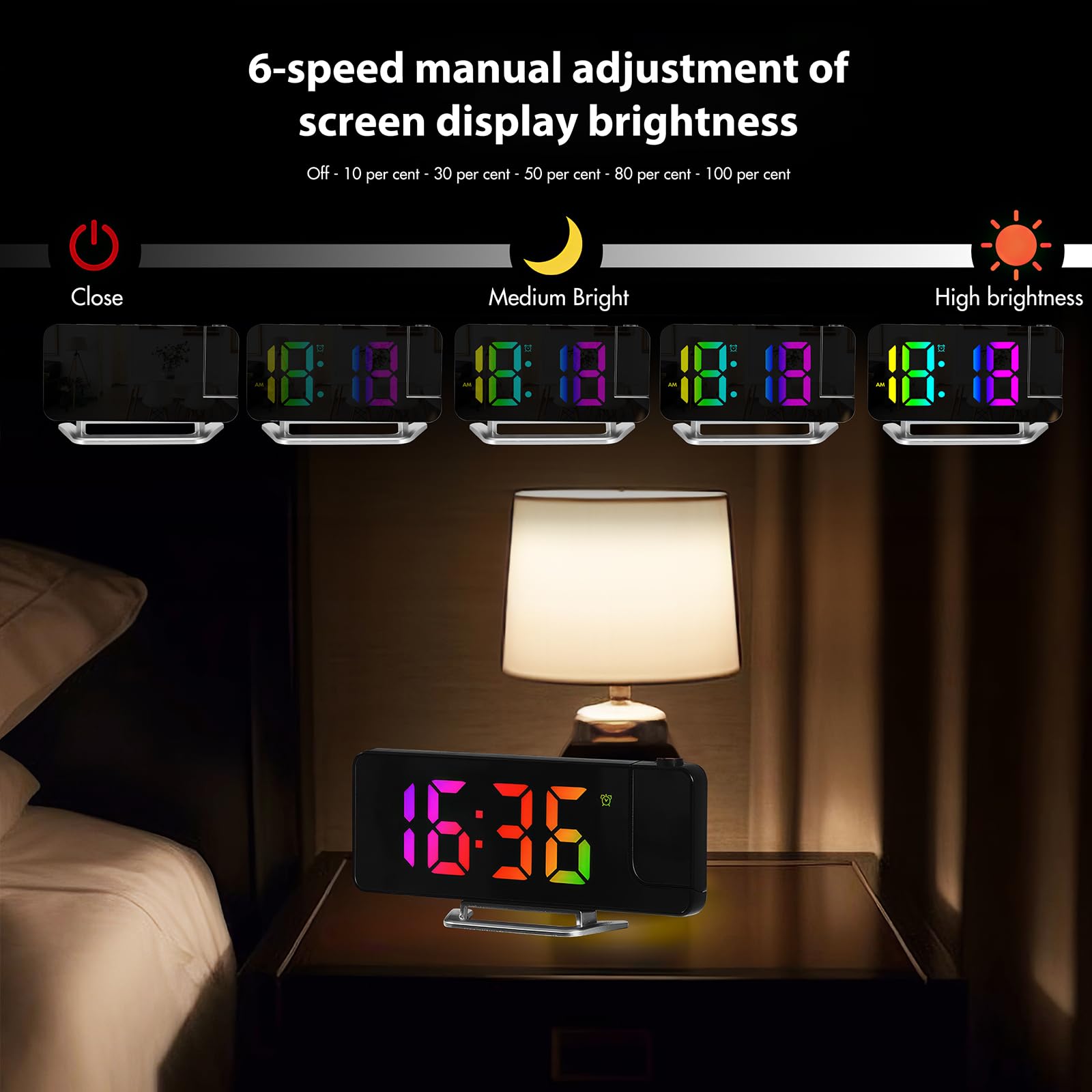 Sveglia con Proiettore, Orologio Digitale 8,1" RGB, 3 Livelli di Luminosità, Proiezione Regolabile a 180°, Orologio con Termometro, Doppia Sveglia 12/24H, Display LED, Ricarica USB