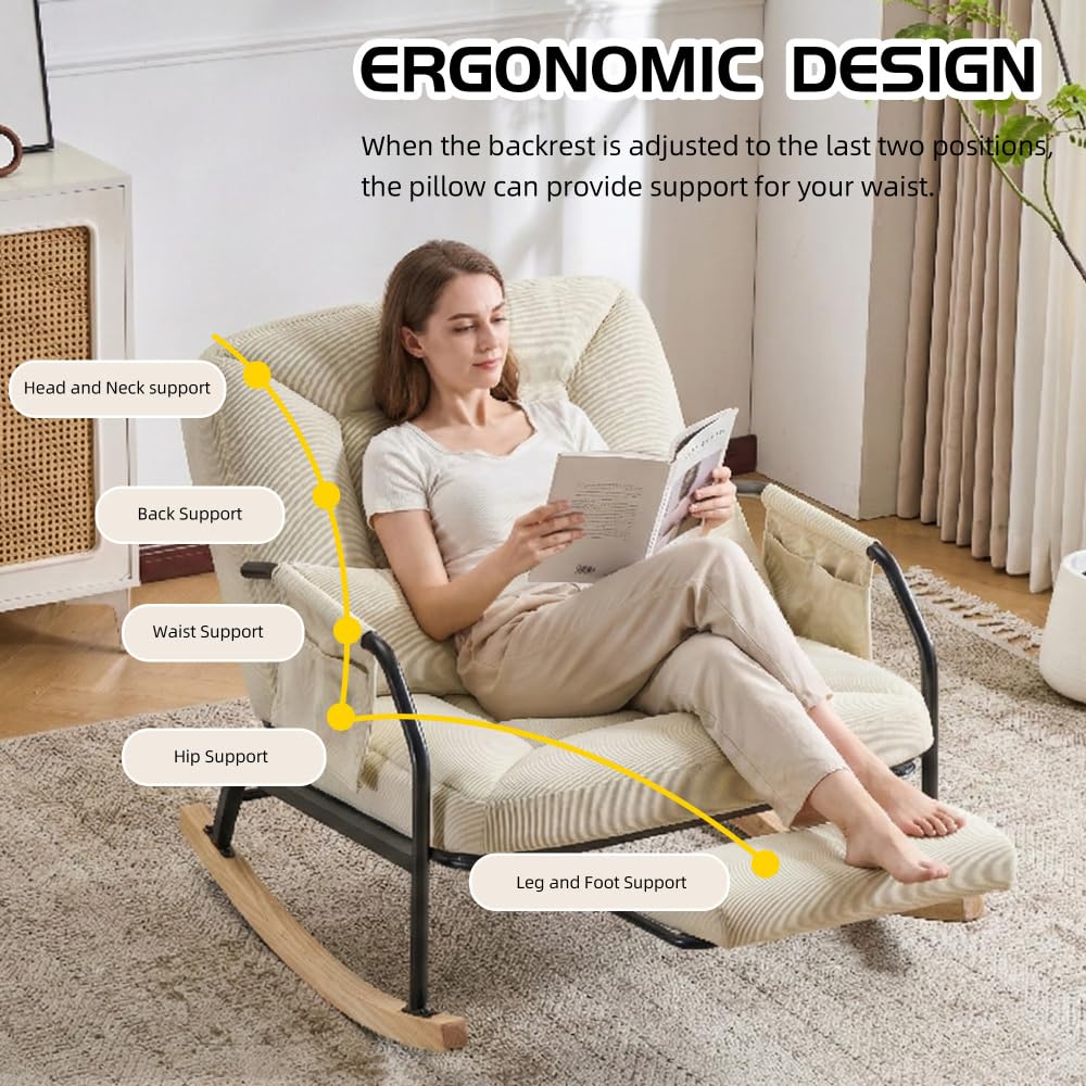 I0I&I0I Schaukelstuhl Mit Fußhocker Verstellbarer Relaxsessel Gepolsterte Sitzfläche Für Wohnzimmer Schlafzimmer Balkon Und Terrasse Aus Cordstoff (Beige + Corduroy + Foam)