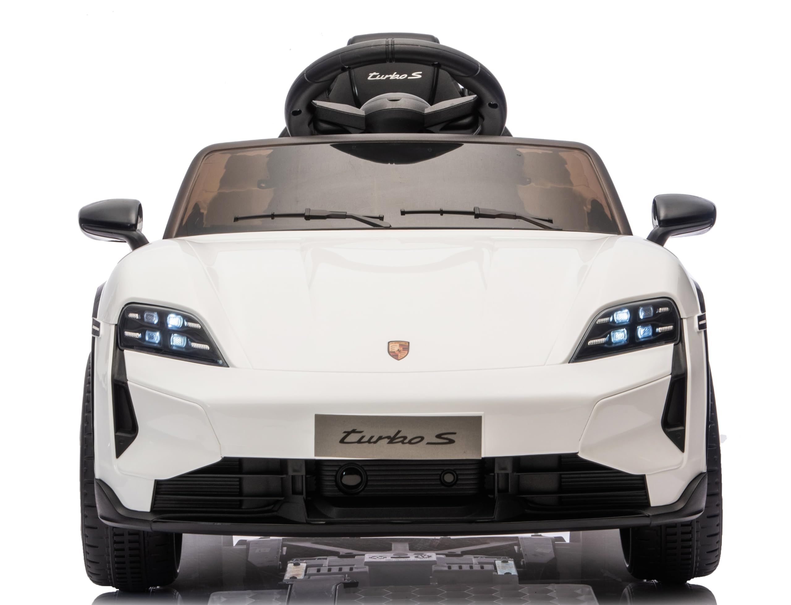 Porsche Taycan Turbo S Macchina Elettrica per Bambini 12V con Telecomando Cintura a 3 Punti Fari a Led Bluetooth Auto Elettrica Full Optional (Bianco)