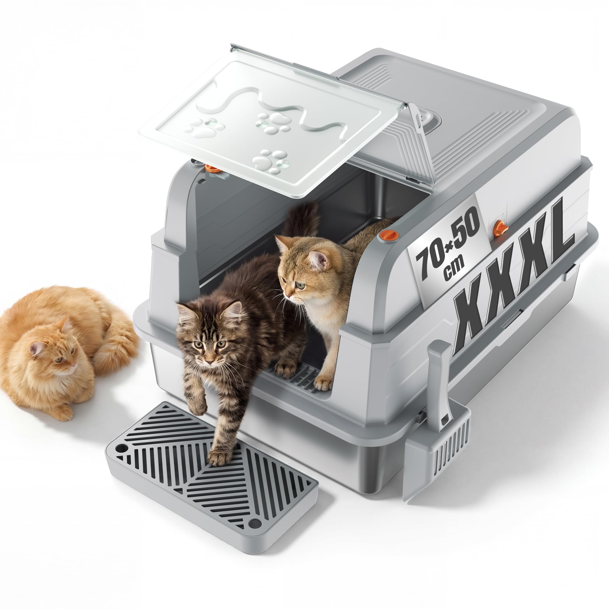 Devoko Katzenklo Edelstahl, XXXL Katzenklo Edelstahl mit Deckel, 3-in-1 geschlossene Katzentoilette mit Geruchsneutralisator-Pack und Streuschaufel, geeignet für große Katzen bis 20 kg.