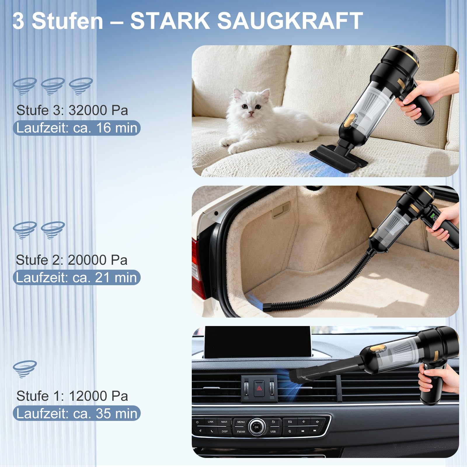 Handstaubsauger Akku 4-in-1, 32000Pa Auto Staubsauger Stark, Handstaubsauger Auto, LCD Display Autostaubsauger, Bürstenlosem Motor, 3-Gang 300000 U/min Staubsauger für Auto/Büro/Tierhaare