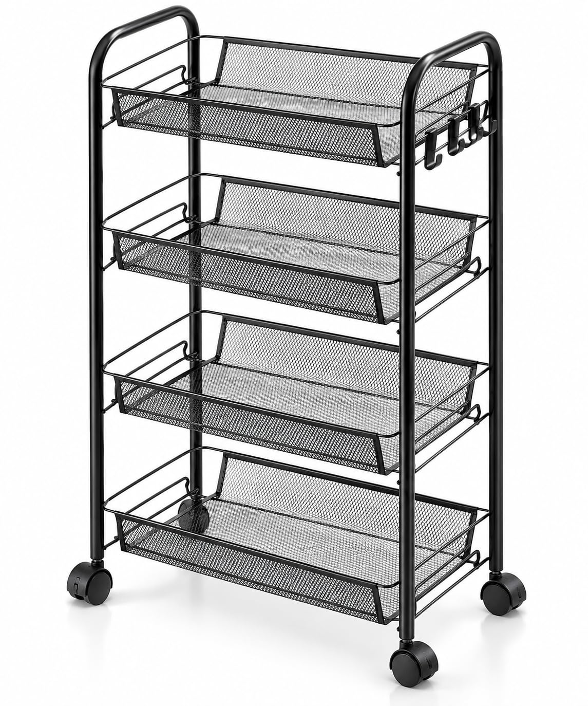 Unibos 4 Tier Wheeled Storage Basket Trolley, Black Mesh, 44 × 25 × 84 cm