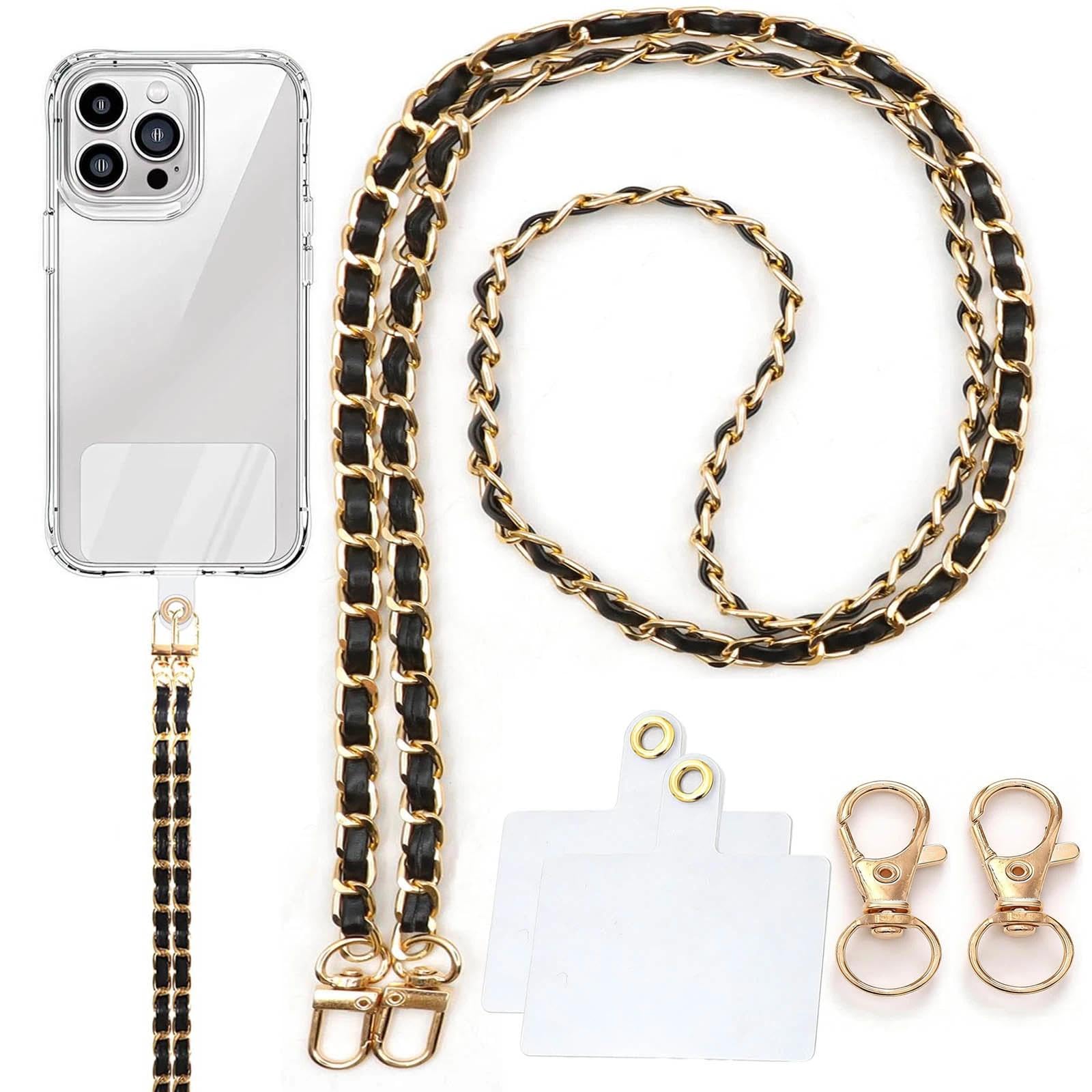 Voosfsie Women's Black Phone Lanyard, Neck Strap 2 Patches 2 Replacement Buckles, Leather Metal Cell Phone Chain, Anti-Theft Crossbody Strap For Iphone 17, 16 Series And Most Smartphones