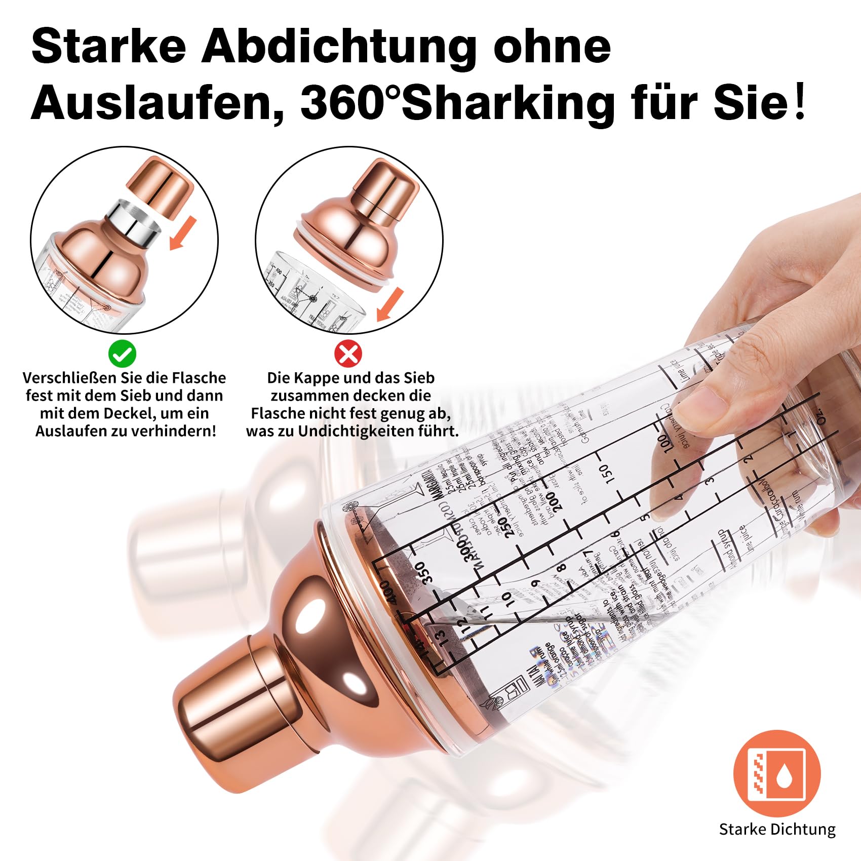 14oz Glas Cocktail Shaker Set, Margarita Mixer Shaker mit eingebautem Sieb und Messbecher & Mischlöffel Set, Professionelles Barwerkzeug-Set für Barkeeper und Anfänger (Rose-Kupfer, 3PCS)