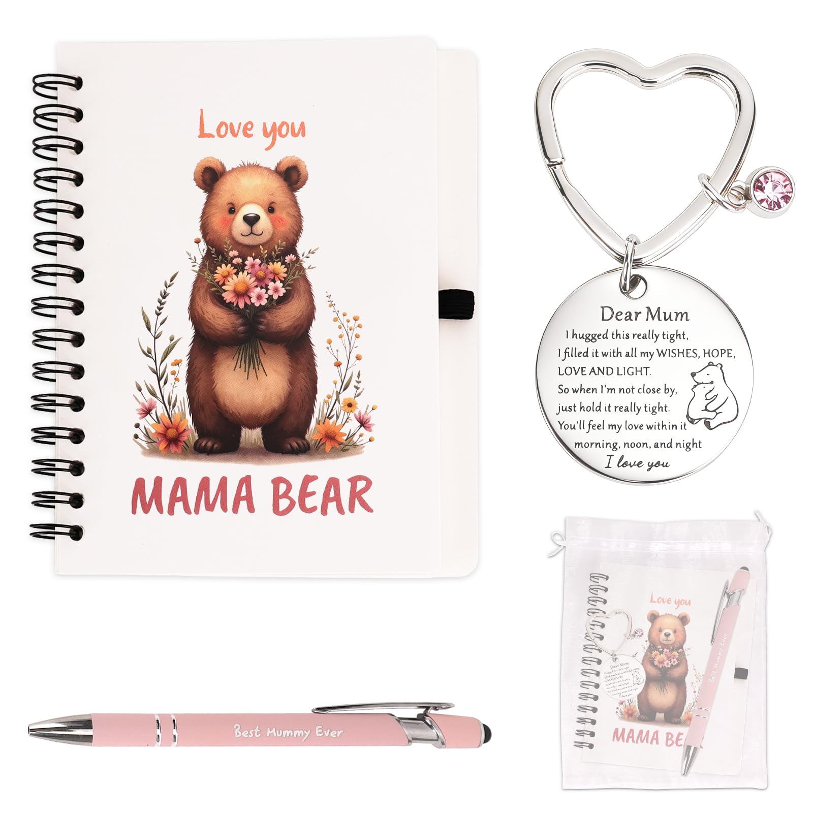 Zidoley Mothers Day Gifts for Mum from Son or Daughter - Funny Mother's Day Book + Best Mummy Ever Pen + Mum Keyring Cute Keychain + Mothers Day Gift Bag, Best Mothers Day Presents for Mom (Bear)