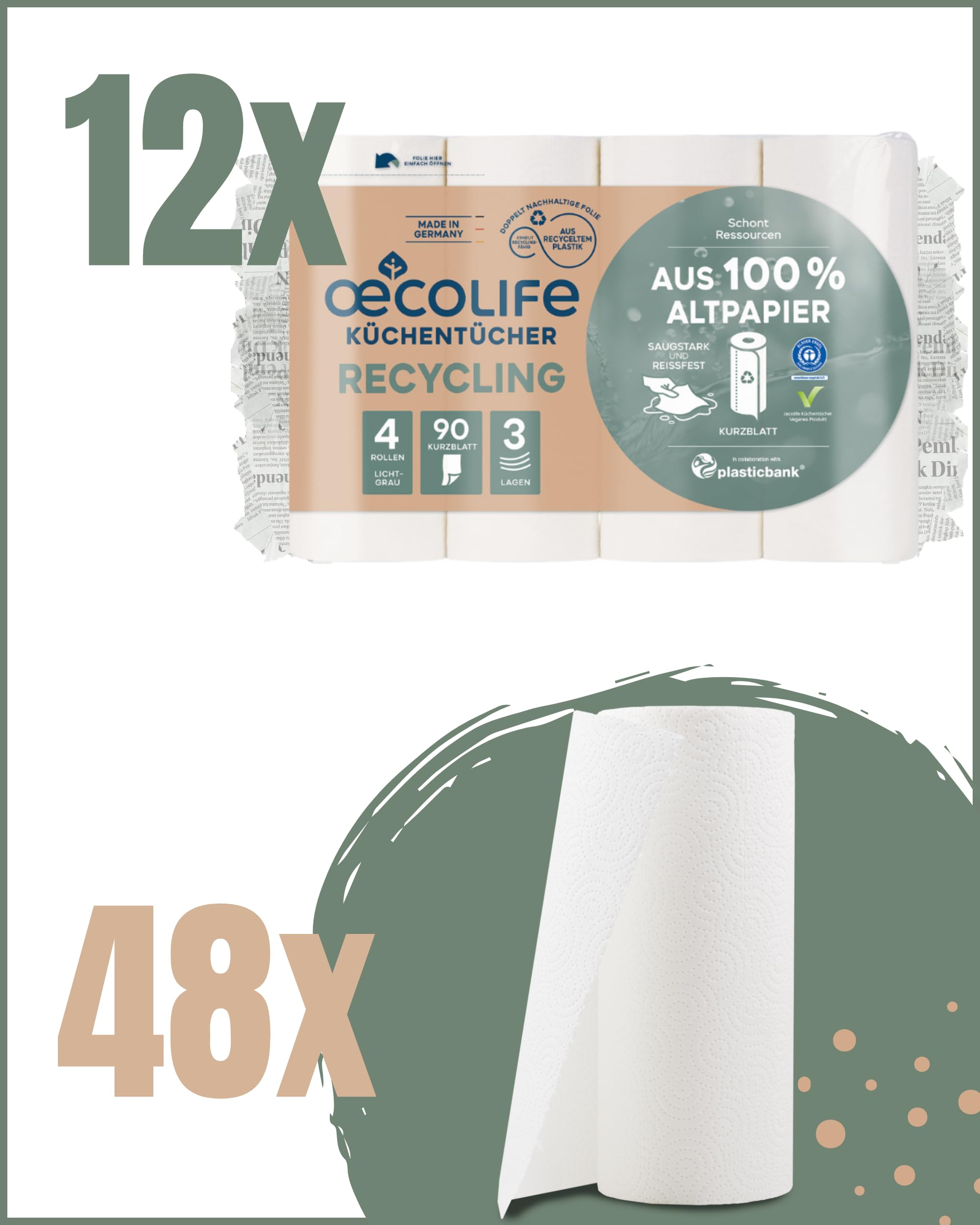 œcolife Küchentücher RECYCLING, 48 Rollen à 90 Blatt, 3-lagige Küchenrollen aus Recyclingpapier, nachhaltig, Made in Germany