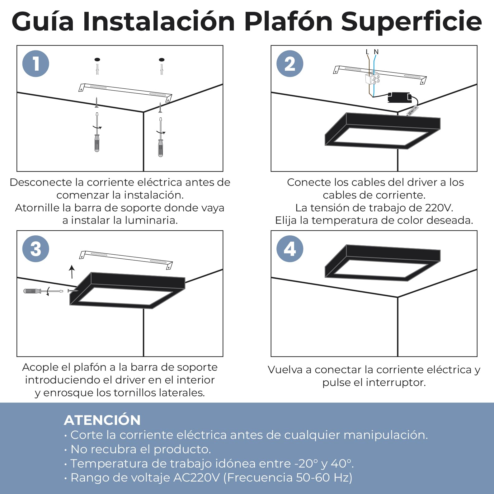 LED ATOMANT 8x Plafón LED Cuadrado Superficie Negro 210mm 20W CCT 1800lm | Driver incluido, Marco negro