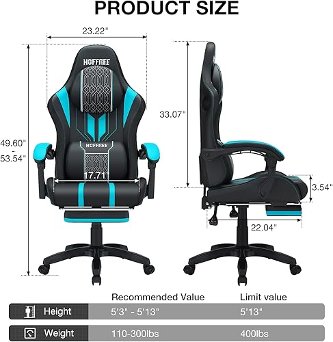 Miniatura 3 de HOFFREE Silla LED para juegos con altavoces y silla de videojuegos de masaje, grande y alta, para 400 libras, con reposapiés reclinable, respaldo