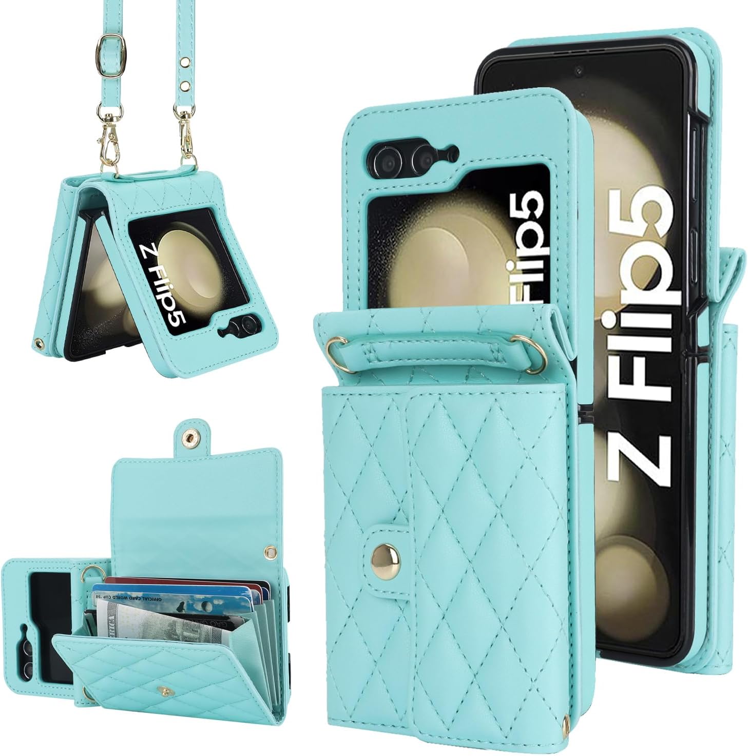 Asuwish Phone Case for Samsung Galaxy Z Flip 5 5G 2023 Wallet Cover with RFID Blocking Crossbody Wrist Strap Credit Card Holder Purse Leather Cell Accessories ZFlip5 Z5 G Flip5 5Z Women Men Girls Teal