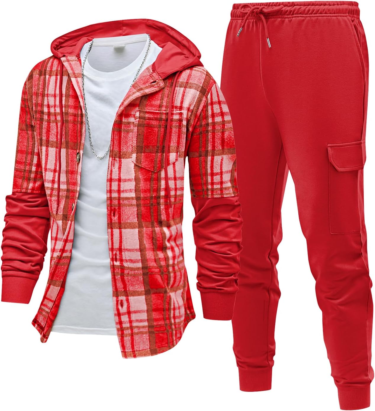 Men's 2 Piece Sweatsuits Outfit Hood Flannel Plaid Fleece Shacket and Joggers Sweatpants Set Tracksuit