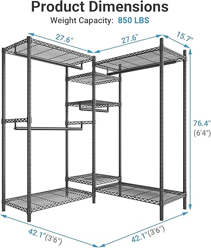 Miniatura 4 de VIPEK L6 - Perchero resistente para ropa de forma L, estante de ropa de 5 niveles con alambre, estante de ropa independiente con 7 estantes