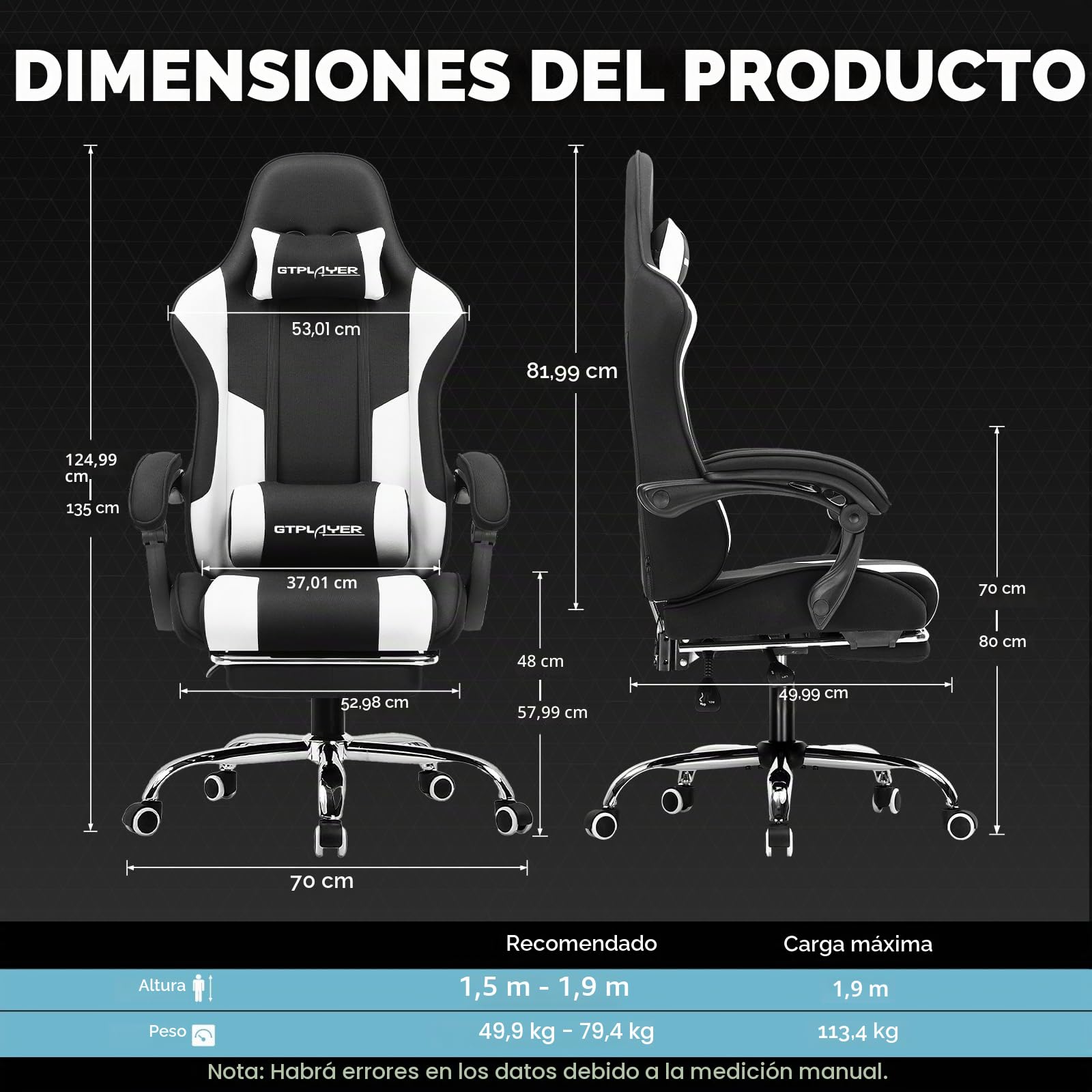 GTPLAYER Silla Gaming con Masajeador Ergonómica Silla Gamer con Reposapiés Reposacabeza, Silla de Oficina Ergonómica, Soporte Lumbar, Silla Juego Ajustable en Altura, Tela Blanco