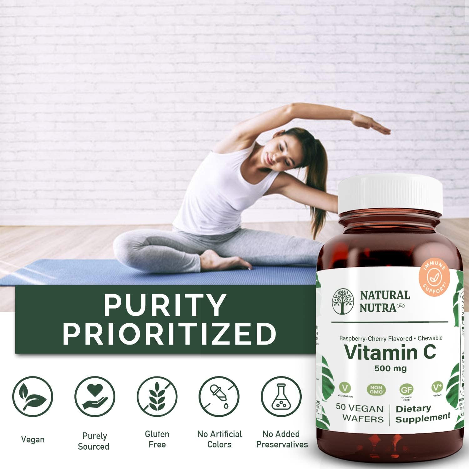 Natural Nutra Vitamin C Supplement for Kids and Adults, Immune Booster, Helps Supports Bone Health, Protect Skin and Heart Health, Improve Skin Texture, Vegetable Source, 500 mg, 50 Vegan Wafers