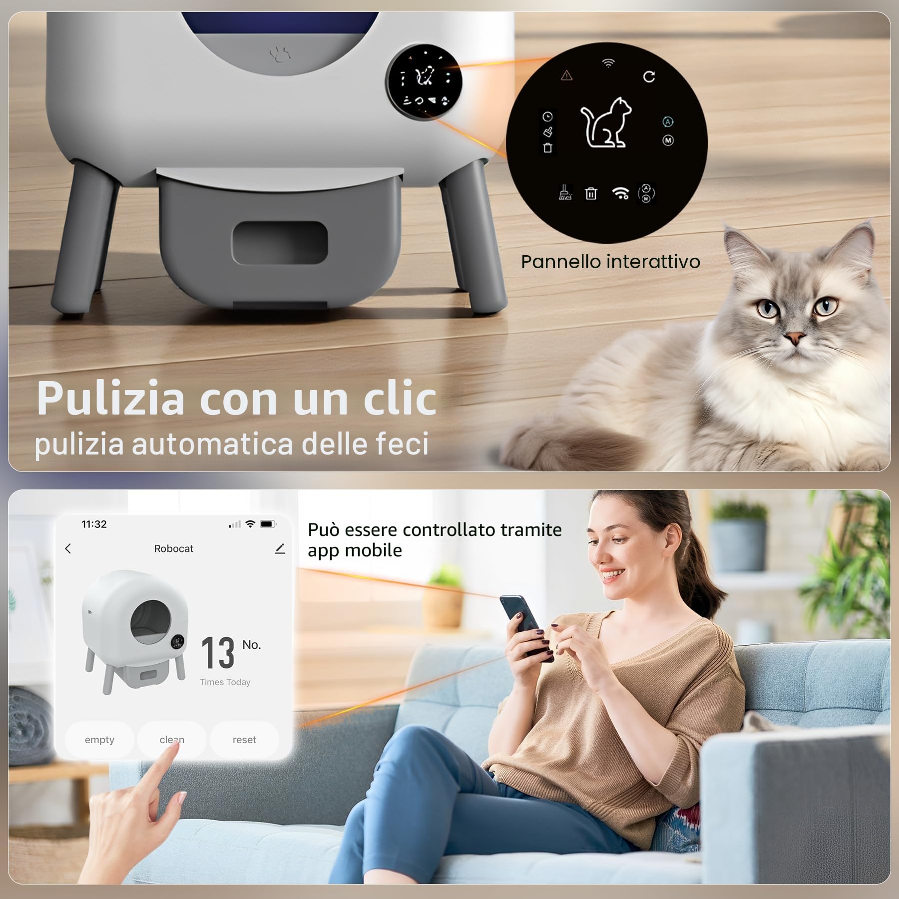 Lettiera Gatto Autopulente,Lettiera Autopulente per Gatti, Grande Capacità 76 Litri, Tipo Chiuso/Inodore/Illuminazione Ambientale, Lettiera Automatica per Gatti adatto per Più Gatti