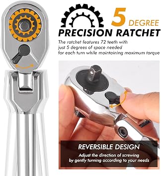Dual 3/8 and 1/4 Drive Flex Head Ratchet, 72-Tooth Ratchet Wrench with Quick-release and Reversible Switch (3/8 and 1/4 Flex-Head)