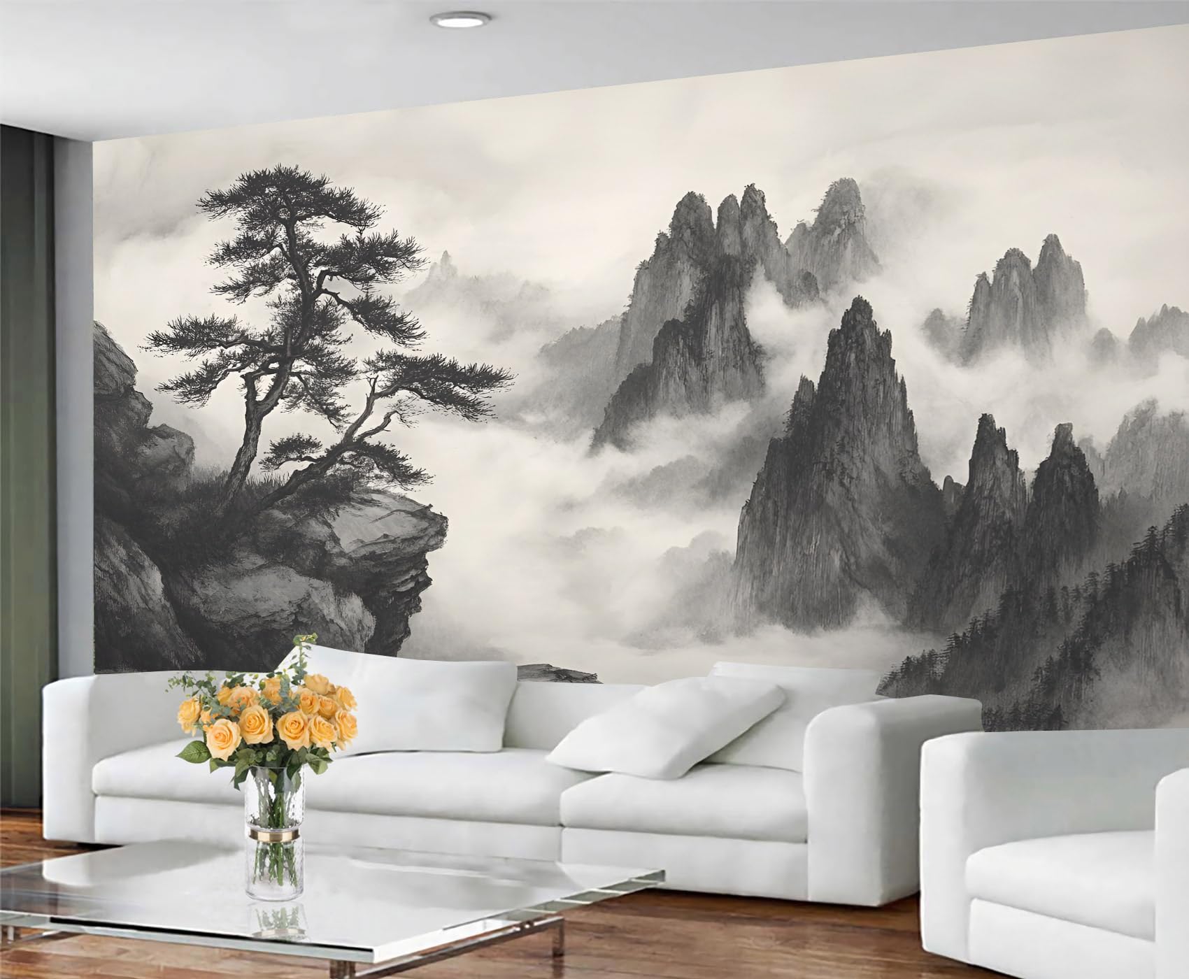 GIVLWF Wallpaper Misty Mountain Mural & Home Decor, Chinese Ink Painting Bedroom Wallpaper, Zen Landscape Wall Paper for Living Room, Traditional Asian Large Wall Mural - Not Self-Adhesive