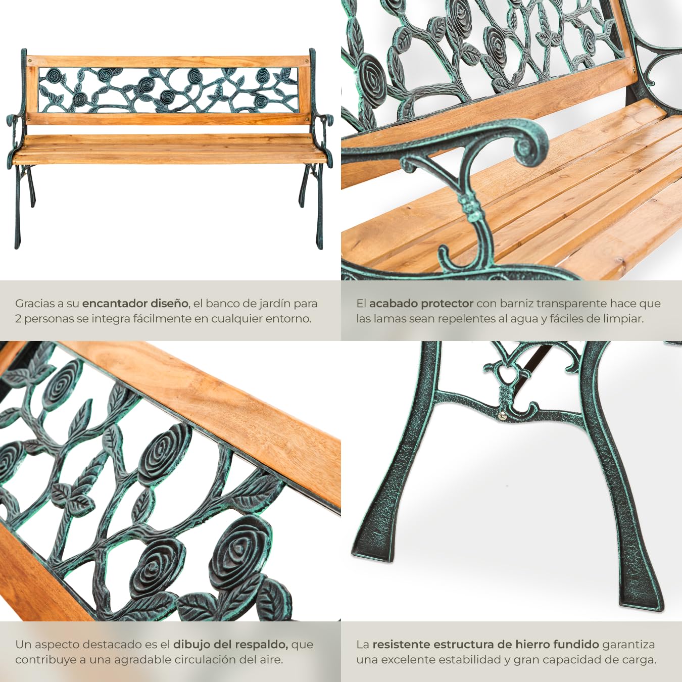 tectake® Banco de Jardín Exterior, Madera Lacada y Hierro Fundido, Diseño Elegante, Resistente y Estable, Patio y Terraza - Floral