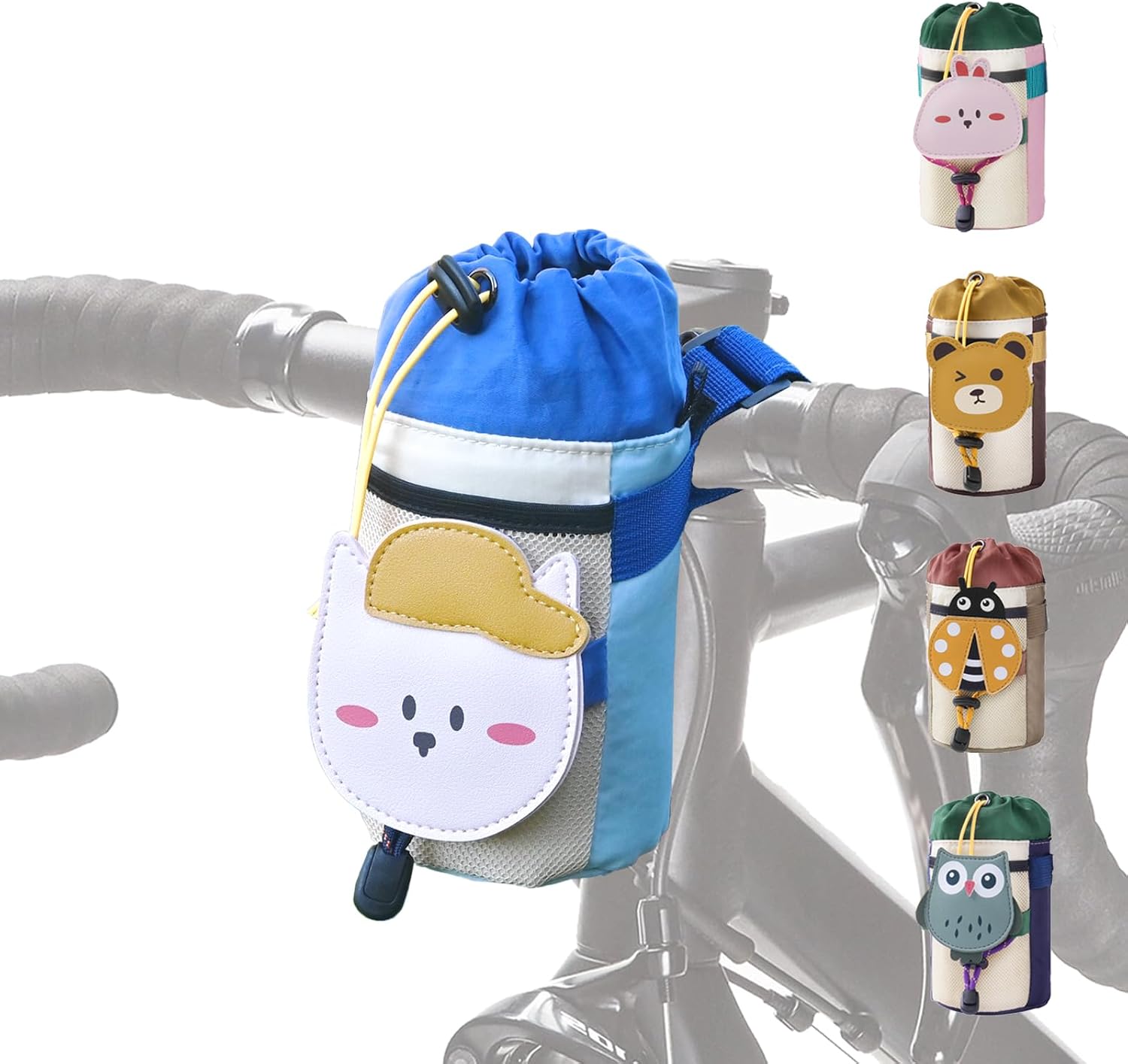 Cute Animals Bike Water Bottle Holder with Shoulder Straps, Universal Cycling Bicycle Drink Cup Cage for Kid's, Cruiser, Scooter, MTB, Road Bike (Puppy)