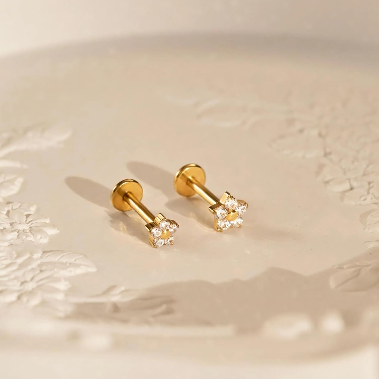 Flat Back Stud Cartilage Tragus Helix Nose Piercing Earrings Jewelry For Women Conch Threadless 18G Titanium Surgical Steel Hypoallergenic 14K Gold plated CZ Silver Small Tiny Studs - Image 5