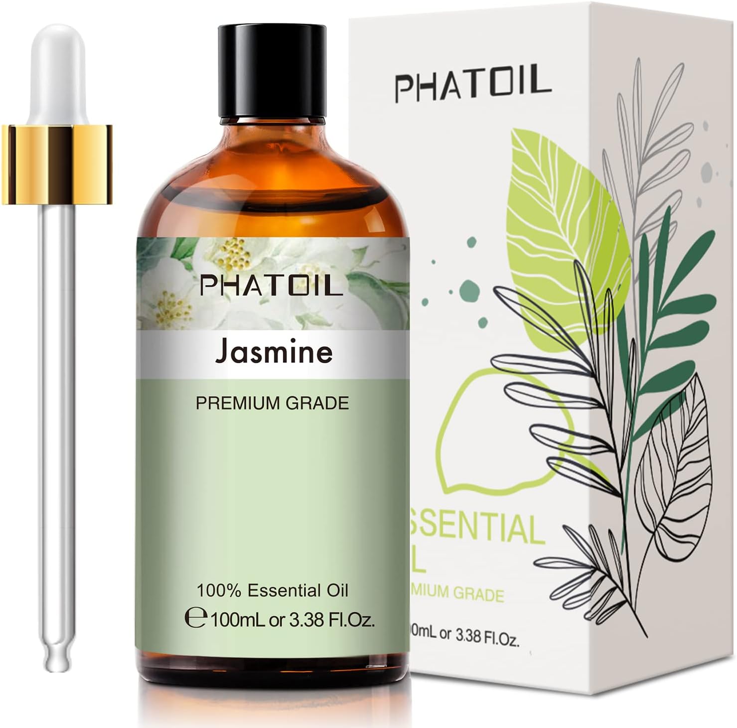 PHATOIL Jasmine Essential Oil 100ML, Pure Premium Grade Jasmine Essential Oils for Diffuser, Humidifier, Aromatherapy, Candle Making