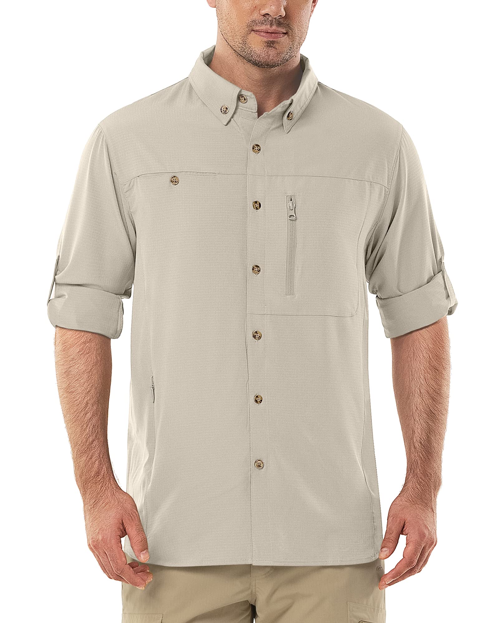 Outdoor Ventures Camisa de manga larga para hombre, camisa de manga larga, de secado rápido, ligera, transpirable, protección UV 50+, con bolsillos, camisa de trabajo para pesca, correr, senderismo, camping
