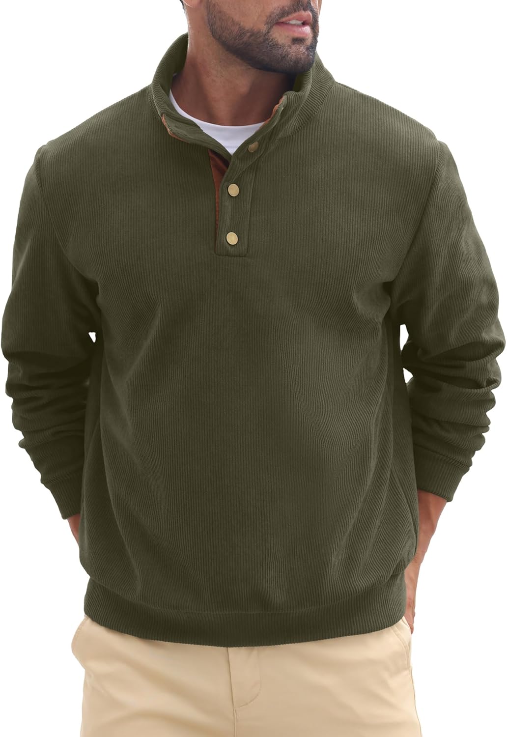 Askdeer Mens Sweatshirts Heavyweight Fleece Corduroy Casual Stand Collar Sweatshirt Mock Neck 1/4 Button Pullover Sweaters - Image 5