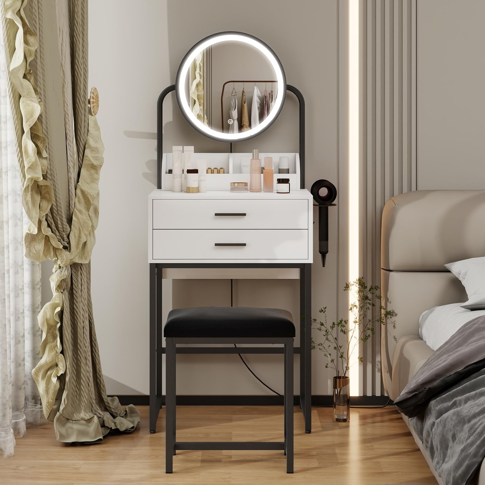 YU YUSING Tocador con Espejo LED, Tocador de Maquillaje con Taburete