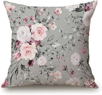 Solekla Floral Farmhouse Decor Family Decoration Gray and Pink Flowers Cotton Linen Home Decorative Throw Pillow Case Cushion Cover for Sofa Couch, 18 x 18 in
