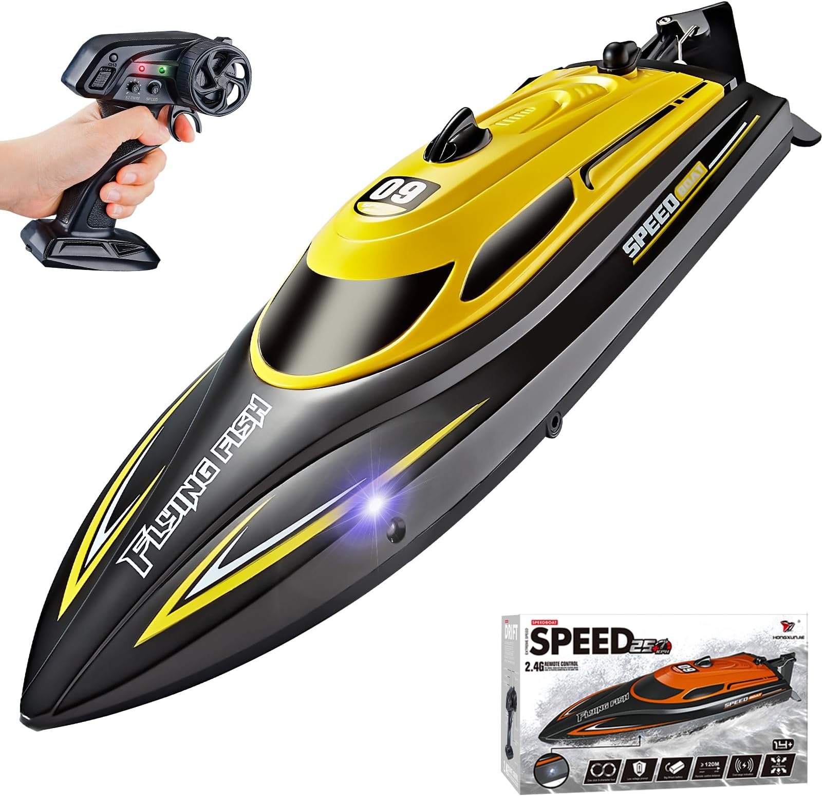 RANFLYRC Boat with 2 Rechargeable Battery, 20+ MPH Fast Remote Control Boat for Pools and Lakes, 2.4G RC Boats Pool Toys for Adults and Kid (812-Yellow)