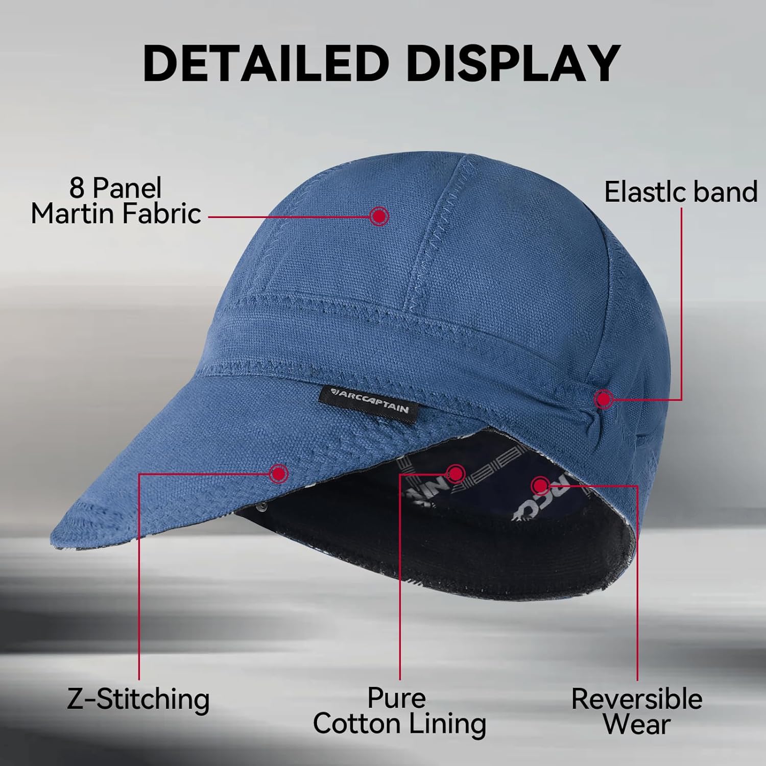 ARCCAPTAIN Reversible Welding Cap with Elastic Retractable Band, 8 Panel Protective Welders Cap, 10 oz Fireproof Cotton Comforts for Safety and Protection While Welding to Men Women, 7 1/8, Blue