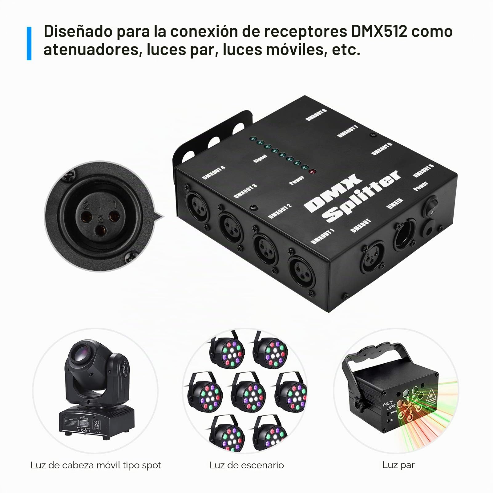 Splitter DMX,HUIOP DMX512 Amplificador de señal óptica Spliter Distribuidor 1 Entrada y salida directas 8 salidas independientes para controlador de luces Consola de escenario Fiesta DJ Club Disco KTV