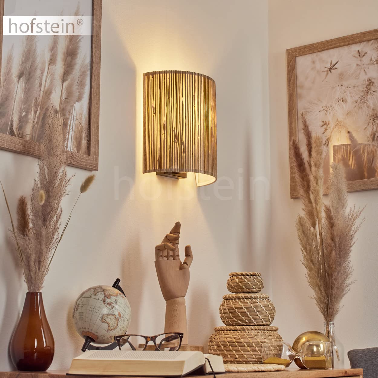Aplique Bongal, lámpara de pared de diseño boho de metal/seagrass en negro/naturaleza, punto de pared con pantalla redonda de seagrass. Con efecto up&down en la pared, 1 lámpara, sin bombilla(s)