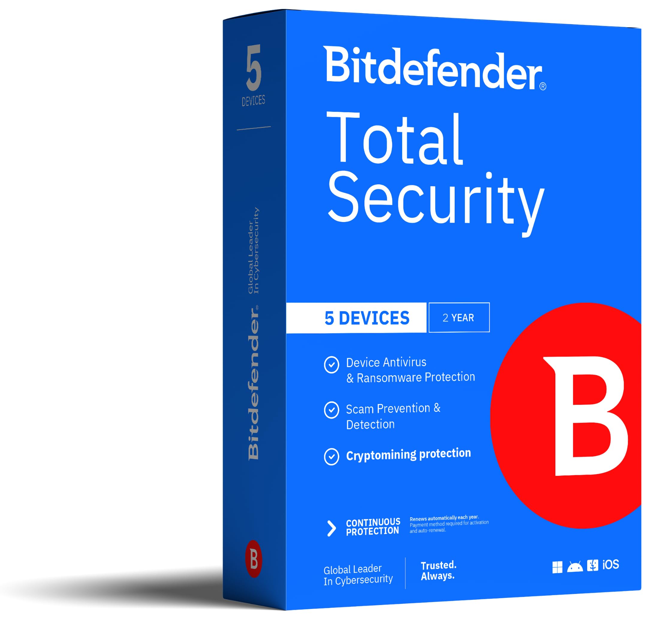 Bitdefender Total Security - 5 Devices | 2 year Subscription | PC/Mac | Activation Code by Mail