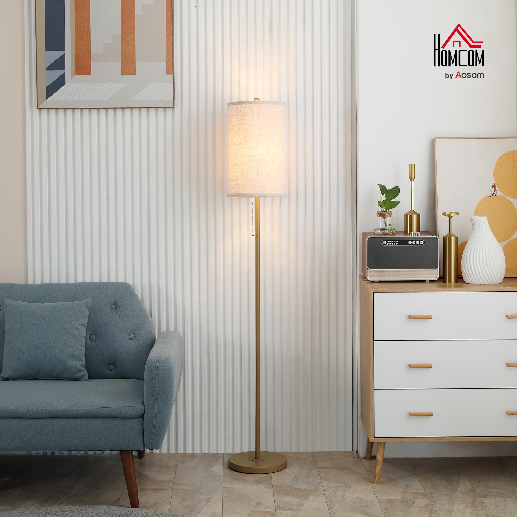 HOMCOM Lampada da Terra con Interruttore a Catena Attacco E27 Oro e Crema | Lampada da Pavimento, Paralume in Lino, Base in Acciaio, per Soggiorno e Camera