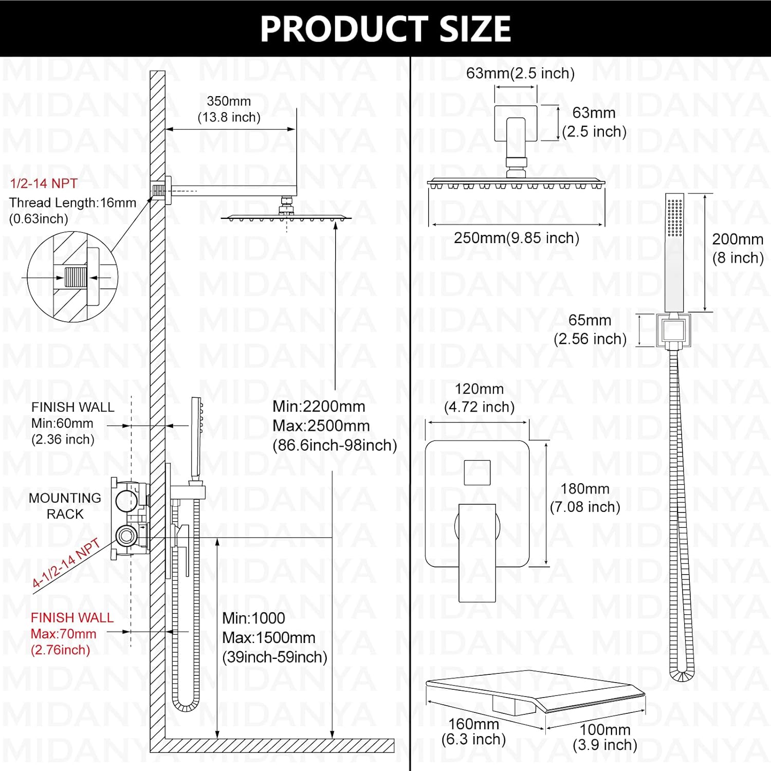 Midanya Rain Shower System with Tub Spout,Tub Shower Faucet Set with rainfall Shower Head and Handheld Spray,Wall Mount Tub Shower Combo Rough-in Valve Included,10 Inch Brushed Gold