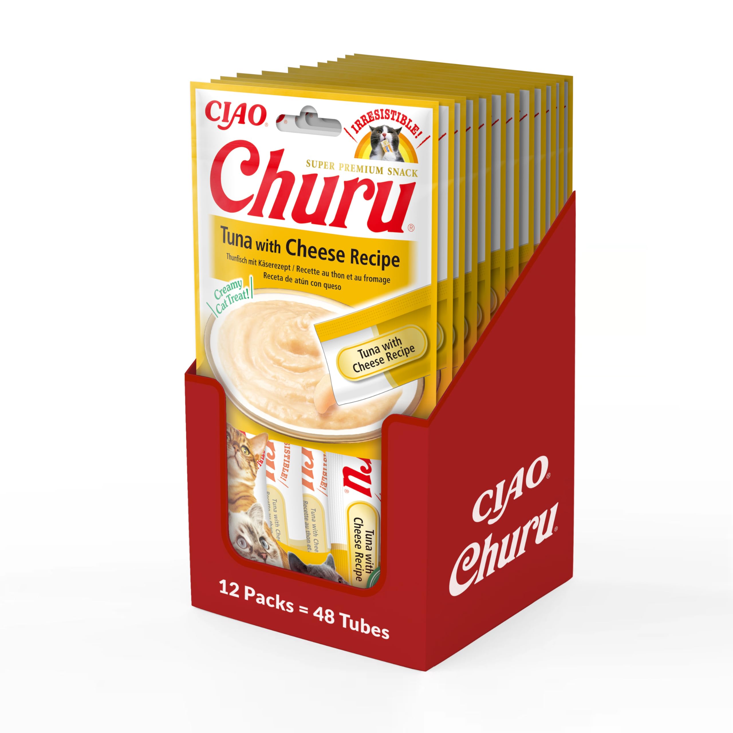 Ciao Churu Sticks by INABA Cat Treat - Tuna & Cheese Flavour 12 Pack (48 x 14g) / Soft & Creamy Cat Treat, Delicious & Healthy Snack, Squeezable Purée Food Topper, Pill Assist, Natural, Grain Free