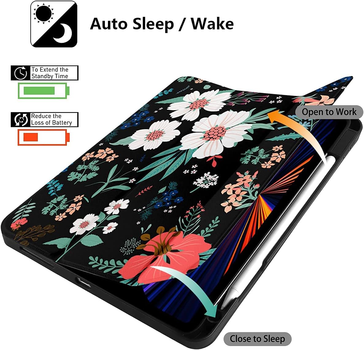 DONGKE Case for iPad Pro 12.9 6th/5th/4th/3rd Gen, Trifold Stand + Pencil Holder + Auto Wake/Sleep + Soft TPU Protective Stand Back Cover for iPad Pro 12.9 inch Case 2022/2021/2020/2018, Flower Black