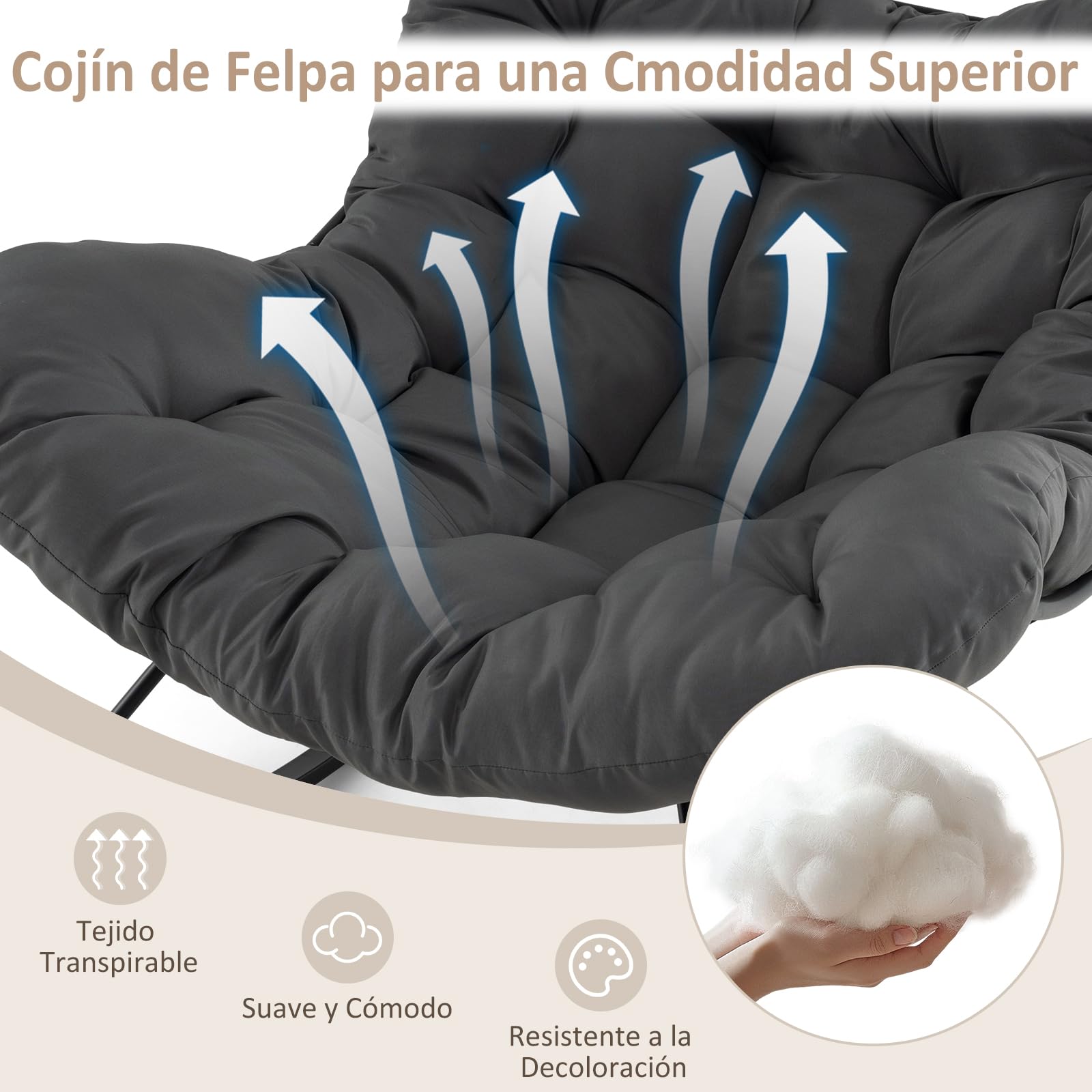 COSTWAY Silla Mecedora con Cojín Acolchado, 110x95x94 cm, Mecedora Salon Extra Grande, Carga 205 kg, Sillon Balancin con Marco de Metal, Pies Antideslizantes, Antivulco, Interior y Exterior, (Gris)