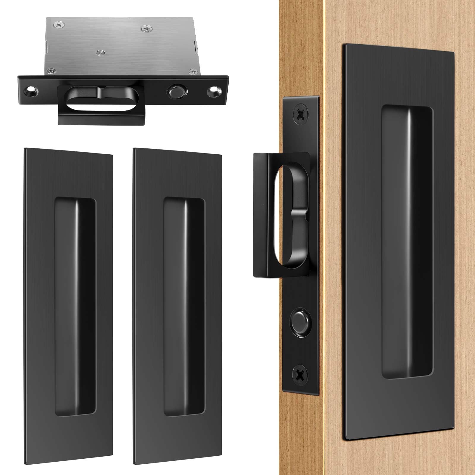 Loodmeo 6 INCH Sliding Pocket Door Handles, 304 Stainless Steel Non Locking Pocket Door Hardware, Recessed Flush Finger Pulls, Heavy Duty Edge Pull with Pop Out Ring Pull (1, Black)