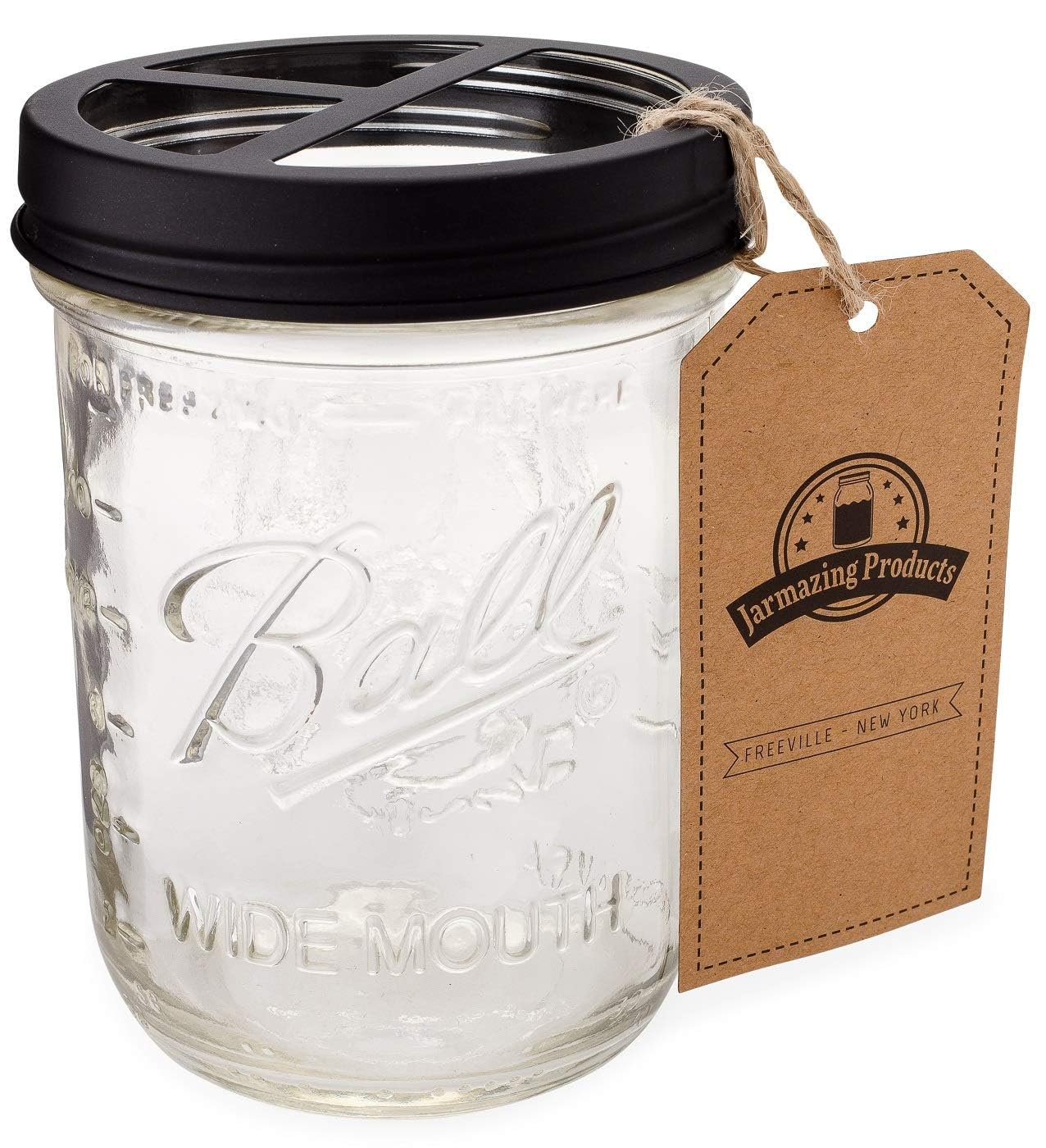 Jarmazing Products Mason Jar Uchwyt na szczoteczkę do zębów, czarny, z kulkowym słoikiem o pojemności 473 ml, wykonany z odpornej na rdzę stali nierdzewnej